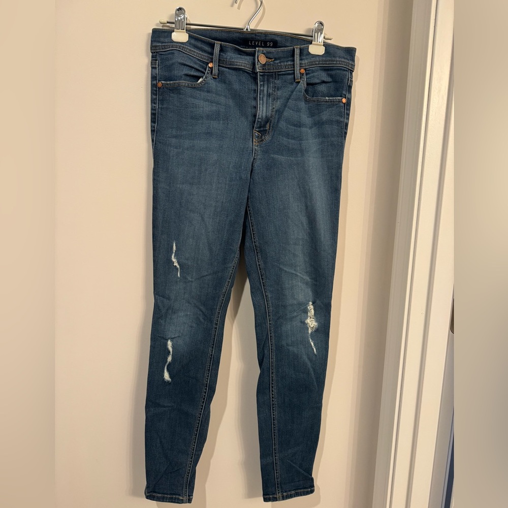 Anthropologie Level 99 Lily Skinny Straight Blue Jeans Womens Size 28 Distressed